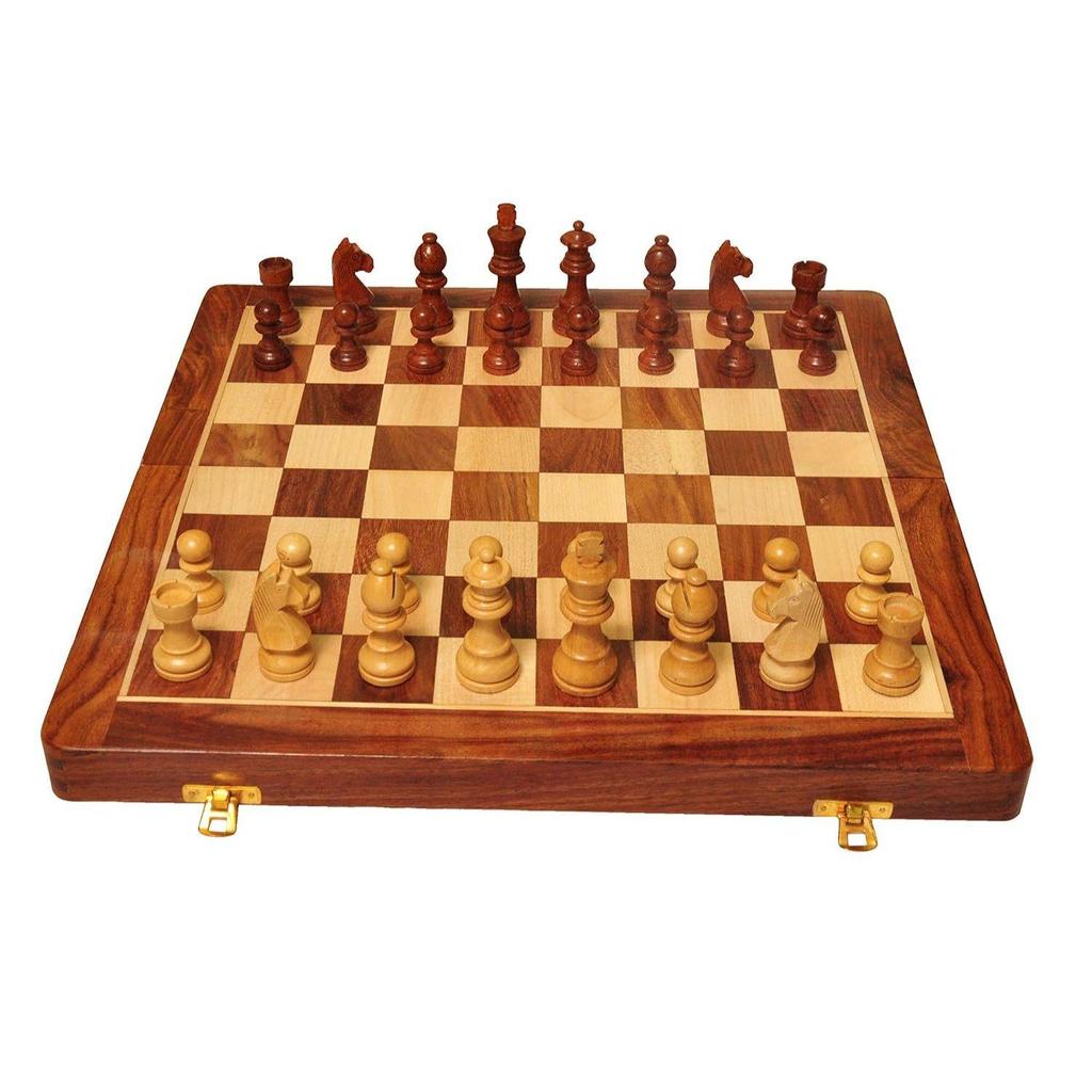 12.5 Inches Wooden Handmade Foldable Magnetic Chess Board Set with Magnetic Pieces and Extra Queens for 2 Players Kids and Adults