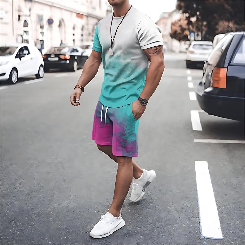 Men Summer Sets T Shirt Shorts 2 Piece Outfits Mesh Workout Tracksuits Oversized T-shirts Suits Print Sportswear Men's Clothing