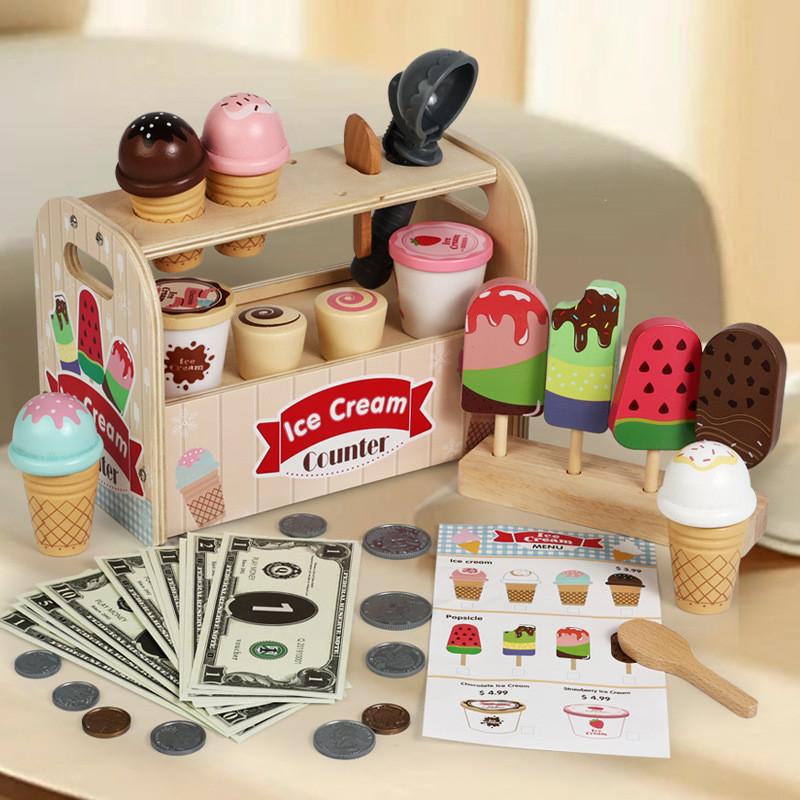 

Kids Pretend Wooden Ice Cream Shop Playset With Natural Finish For Gift Birthday Natural Wood