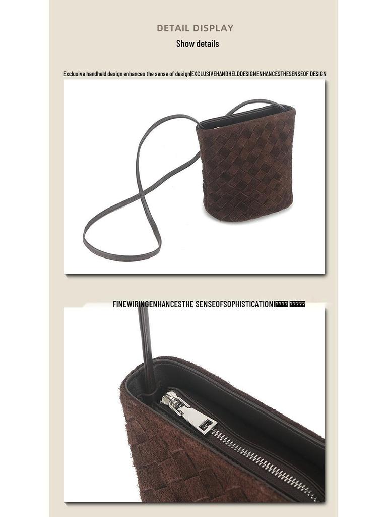 Women's Genuine Leather Woven Crossbody Bucket Bag