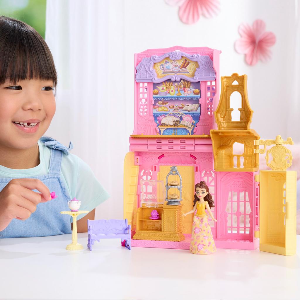 Mattel Disney Princess Tea Shop Castle Mini Playset with 1 Mini Ages Yellow JLT63 Belle's (Stackable Series! Doll) Doll, 3+,
