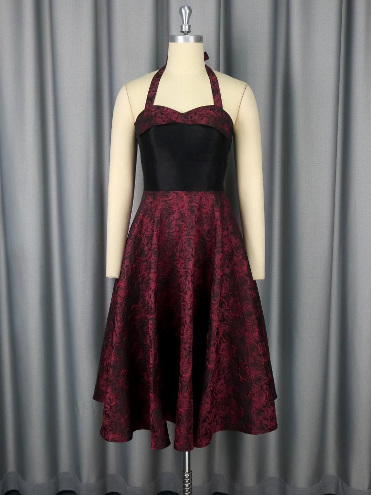 Wine Jacquard Long Women Dresses for Birthday Party Folds A Line Floral Mid Calf Strapless Neck Mounted High Waist Outfits