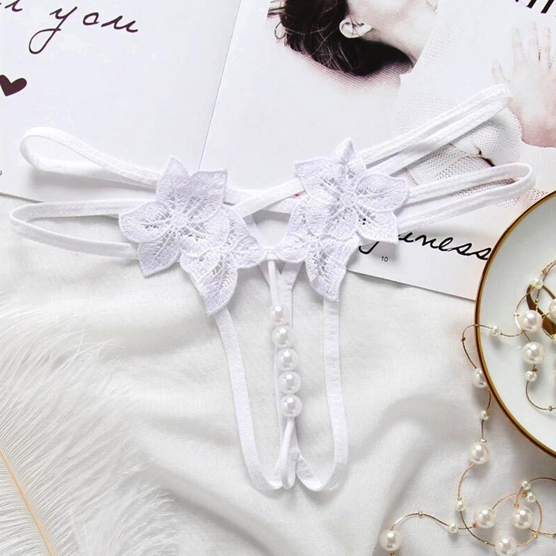 1Pc Solid Color Sexy Lace Panties Transparent Lingerie Open Crotch Briefs Underwear Women Thongs Nylon Pearl