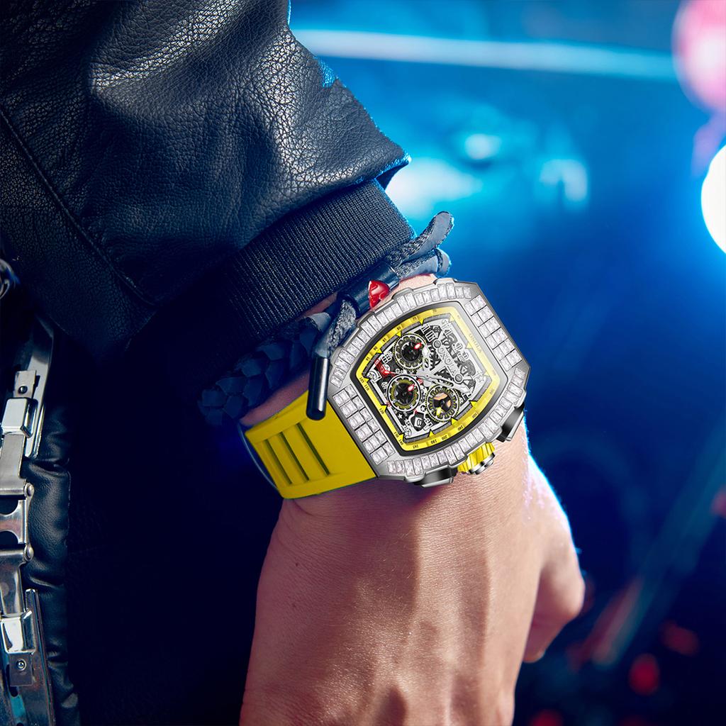 Men's Fashion Full Diamond Automatic Luminous Mechanical Watch Multi Functional Three Eye Calendar Dial Sports Watch