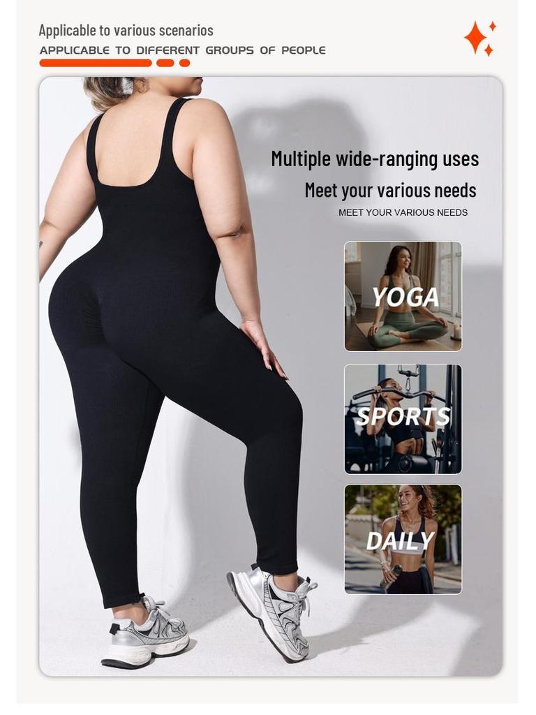 Plus Size Ribbed Backless Jumpsuit: Double Shoulder Strap, Body Shaping, Seamless Hip Lifting Yoga Wear
