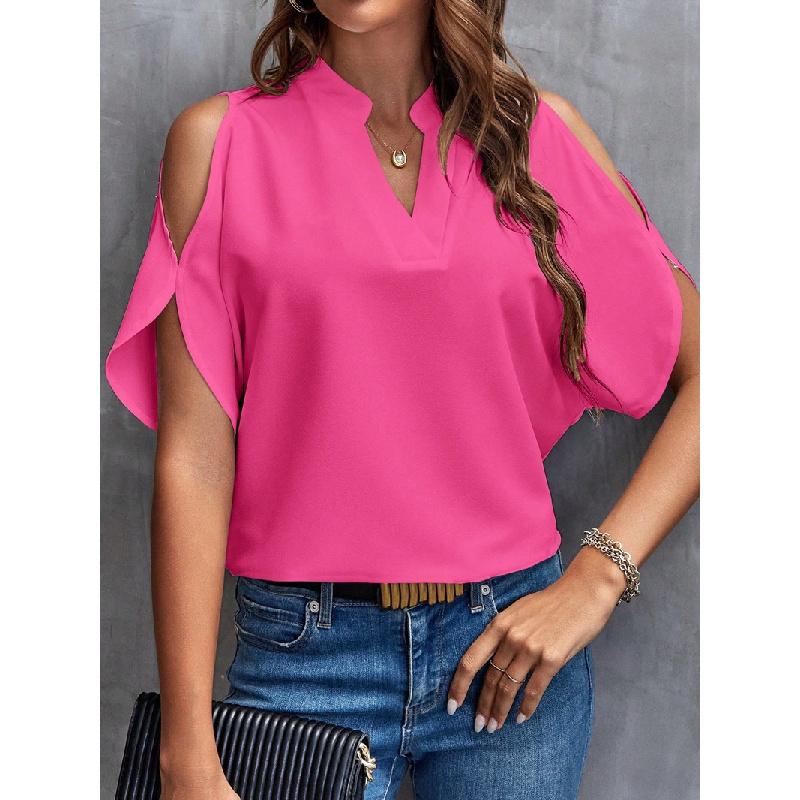 2026 Summer New V-neck Elegant Short-sleeve Fashionable Off-shoulder Women's Solid Color Top