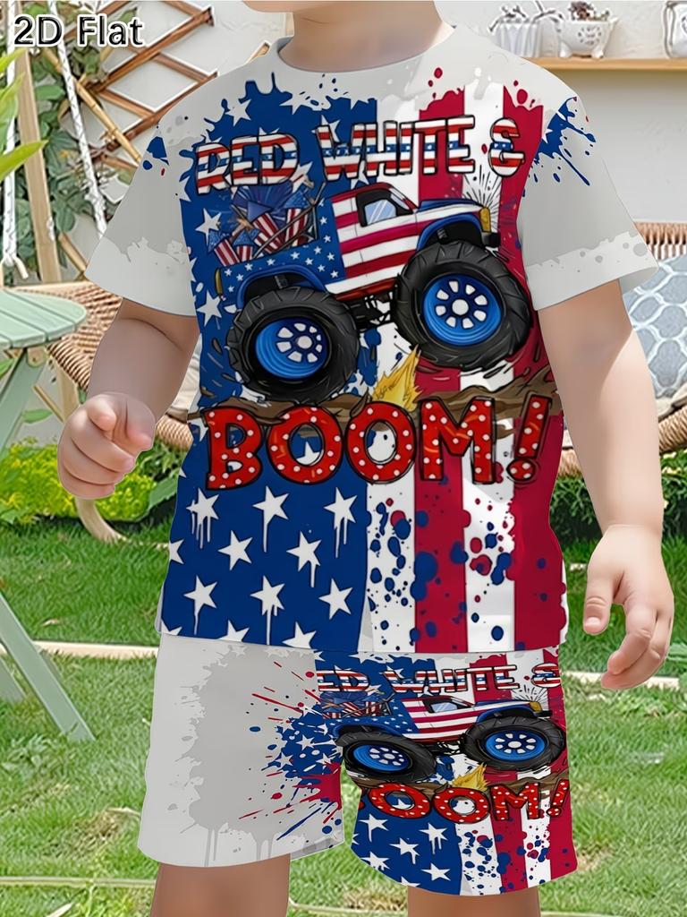 Men's T-Shirt And Shorts Set Red White Blue Star Flag Print Casual Summer Outfit With Crew Neck Short Sleeve Tees Sets