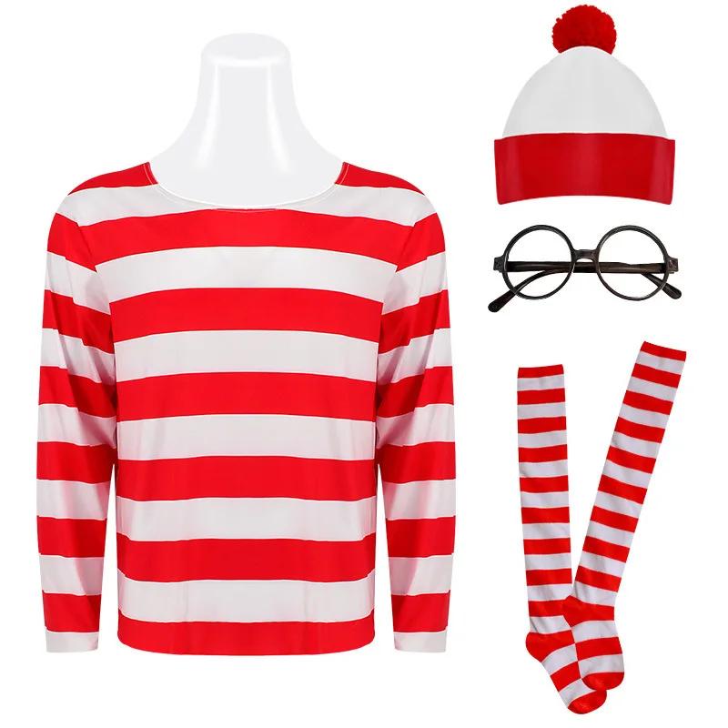 Waar is Wally Streepjeshemd Jeugd Kinderen Jongens Wally Kostuumhemd Bril en Hoed Sokken Unisex Volwassenen Halloween Cosplay Kostuum S&Wheres Waldo