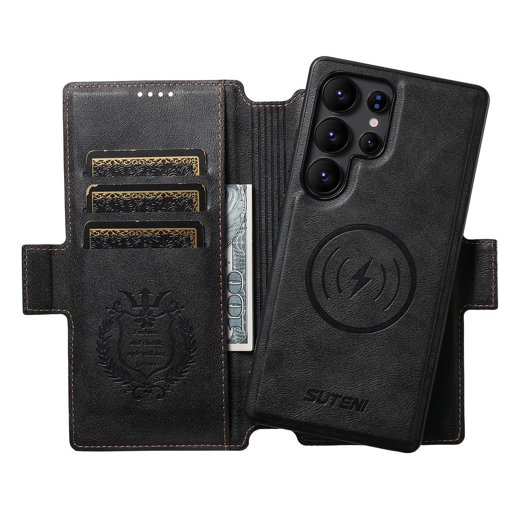 SUTENI Q-07 For Samsung Galaxy S25 Ultra Case Magnetic Color Splicing Cowhide Texture Leather Cover