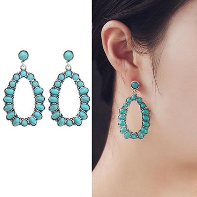 1 Pair Women Dangle Earrings Hollow Out Geometric Shape Retro Faux Turquoise Stainless Ear Decoration Jewelry Long Hanging Earrings