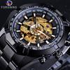 FORSINING Men's Automatic Skeleton Watch, Hollow Mechanical Automatic Luxury Watch with Blue and Black Stainless Steel Band, Waterproof, Black Gold, M