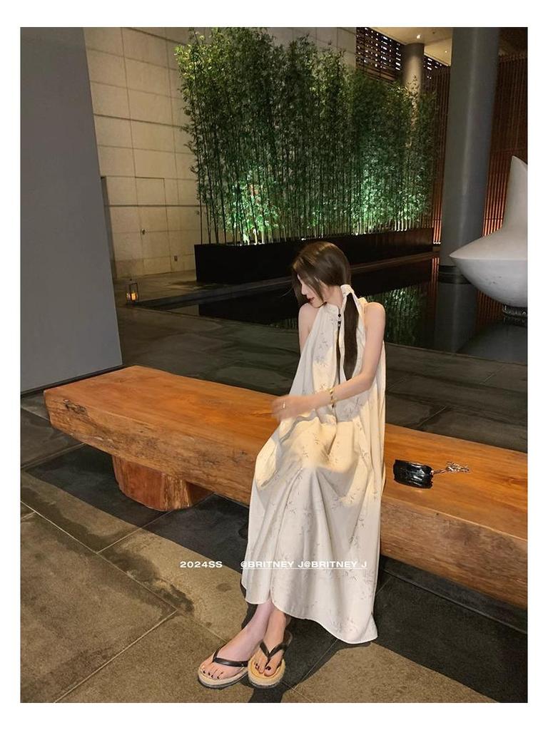 Retro Chinese Halter Sleeveless Summer Dress for Women - Slimming, Loose, Vacation-Ready