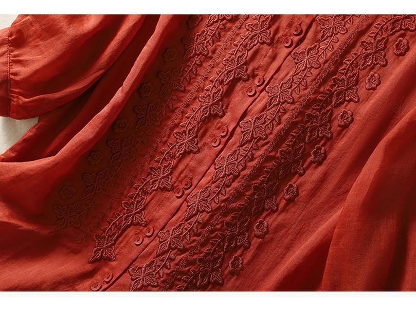 2025 Summer Women's Seven-Sleeve Cotton Linen Shirt with Floral Embroidery and Retro Turn-Down Collar