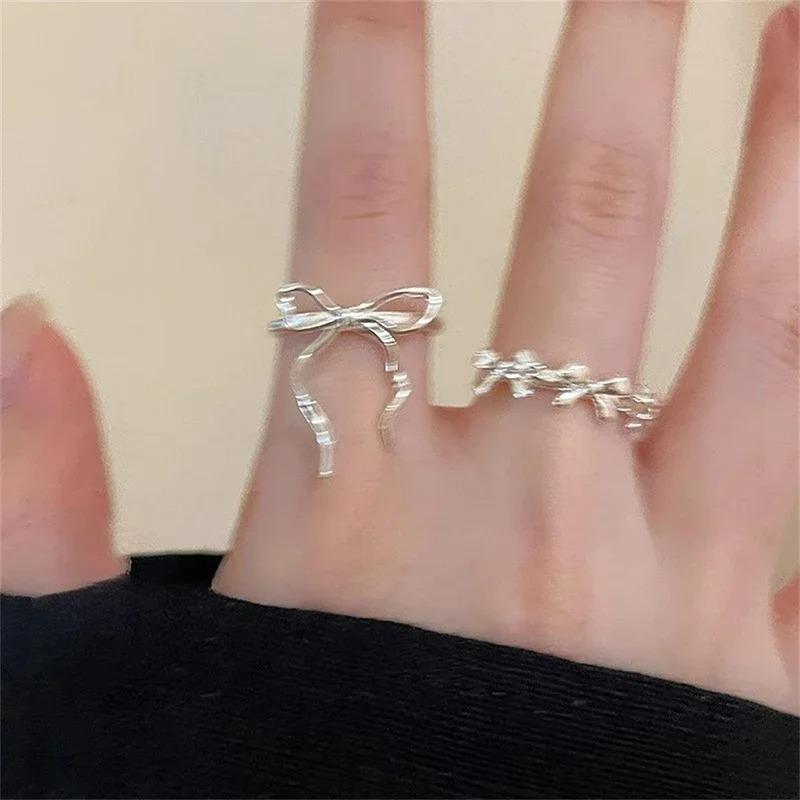 2 Pcs/Set Y2K Cute Bow Ribbon Rings for Women Girl Sweet Cute Geometric Bow Opening Adjustable Rings Wedding Party Jewelry Gifts