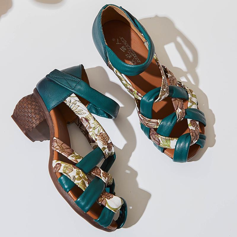 Fashion GKTINOO Women Summer Shoes Mid Heel Hollow Out Casual Sandals Retro Ladies Pumps Genuine Leather Buckle Straps Female Sandals