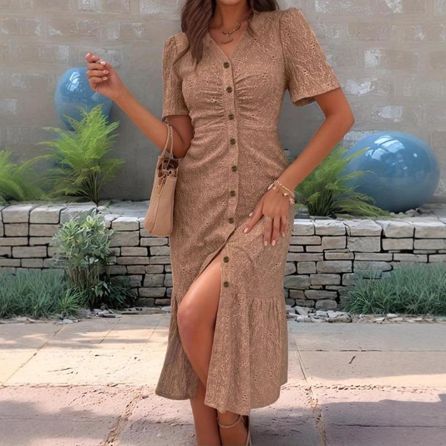 Damenmode Sommer Frühling Einfarbiger Druck Kurzarm V-Ausschnitt Hohe Taille Freizeitkleider