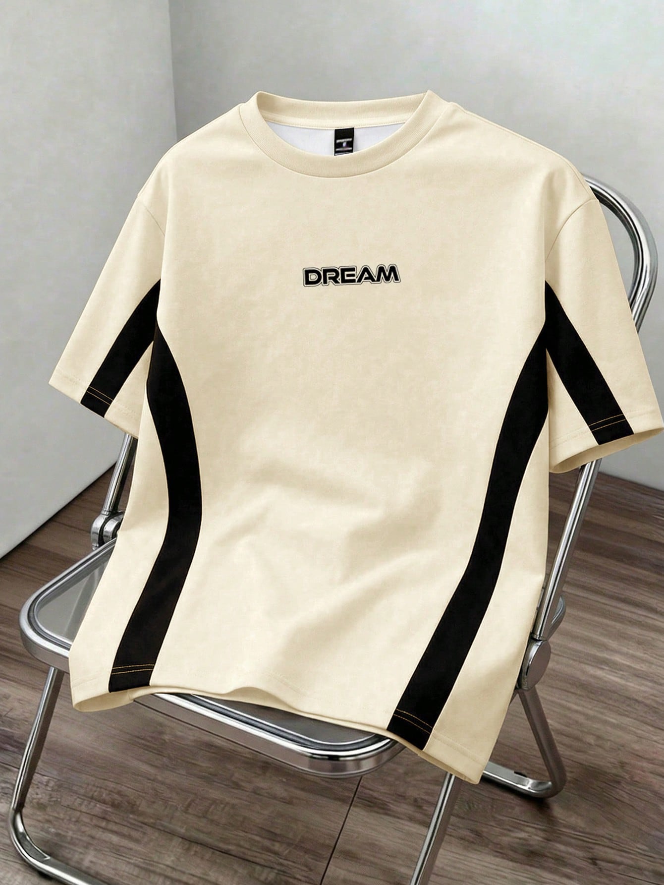 Men s Minimalist Printed Round Neck Short Sleeve T-Shirt, Apricot, Summer S