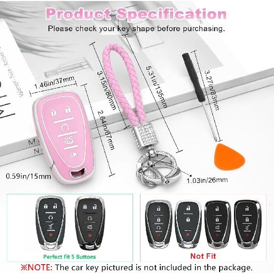 PIFOOG Key Fob Cover Fit for Chevy Pink 5 Button Car Keys Case Shell Bling Keychain Accessories Fits for Malibu Equinox Blazer Traverse Camaro Cruze
