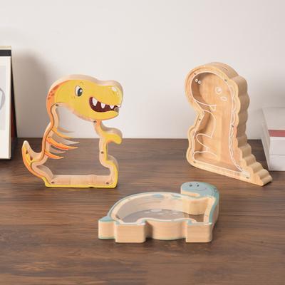Wooden Dinosaur Piggy Bank Clear Acrylic Coin Cash Container Toddlers Boys Girls Cartoon Dino Money Saving Box Decoration