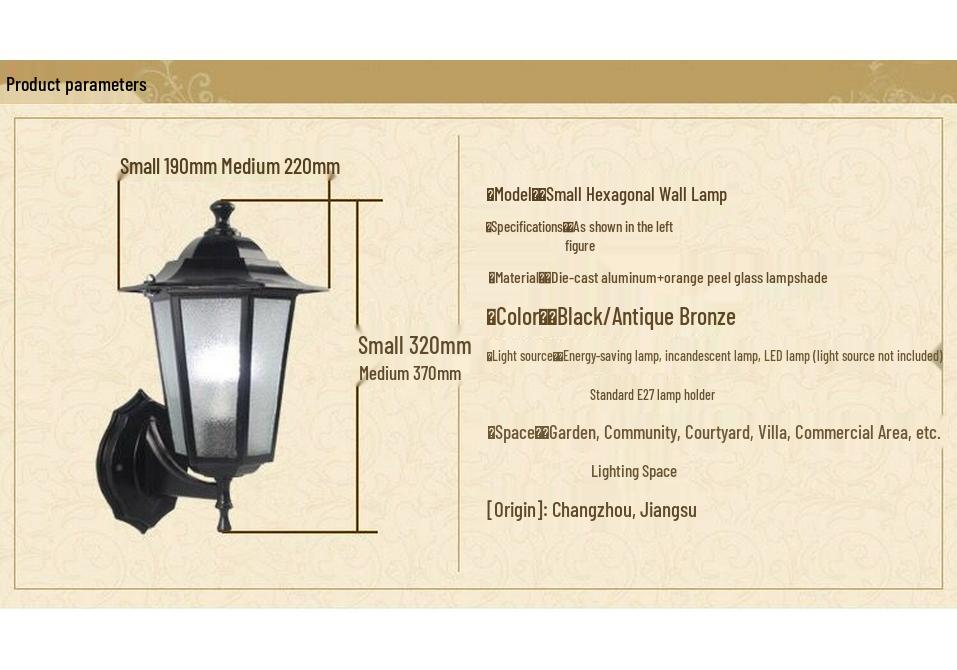 European Retro Hexagonal Outdoor LED Wall Lamp, Waterproof, Antique Bronze/Black Finish for Balcony Decoration.