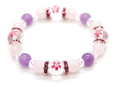 Cherry Blossom Carved Crystal 10mm Lavender Amethyst 8mm Rose Quartz 8mm Bracelet Natural Stone Power Stone Prayer Beads [Ishiki] Women's [b359]