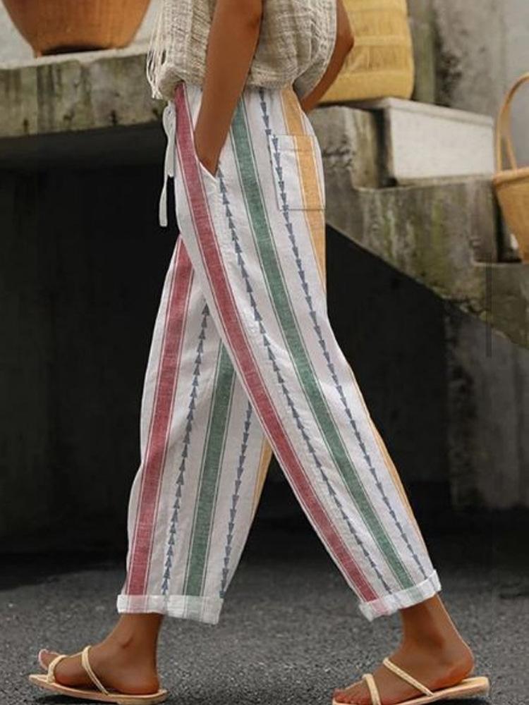 Women s Colorful Striped Wide Leg Pants with Drawstring Waist S