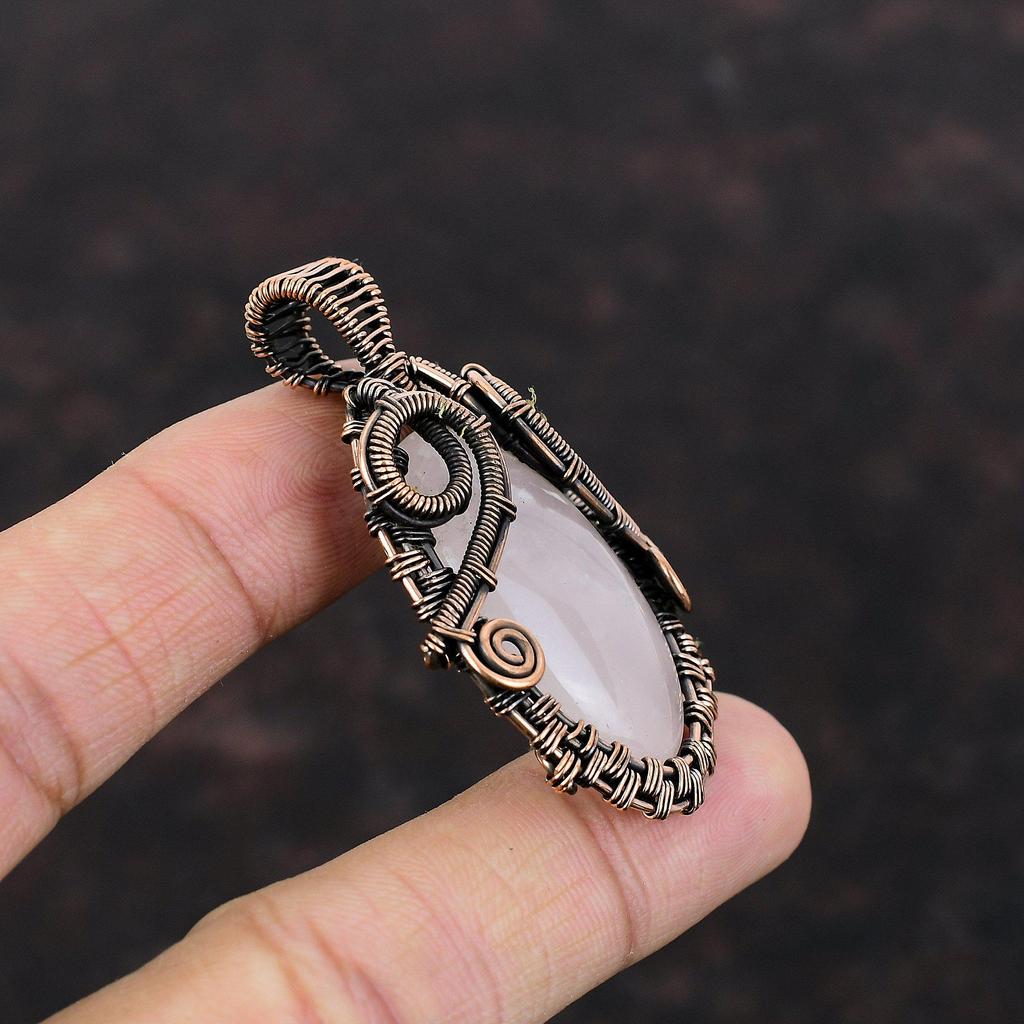 Rose Quartz Pendant Copper Wire Wrapped Pendant Rose Quartz Copper Jewelry Handmade Pendant Wire Wrapping Jewelry Gemstone Pendant For Gift
