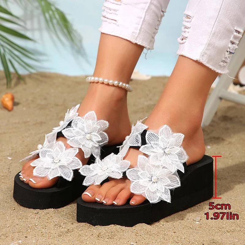 Fashion Thick Bottom Embroidery Flowers Slippers Women Vacation Beach Wedge Heel Sandals Woman 2025 Summer Plus Size Platform Slides