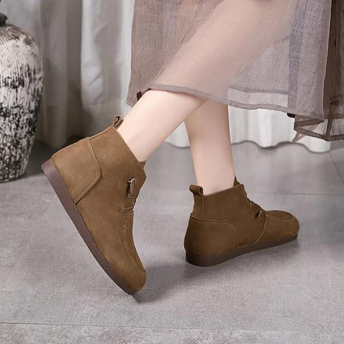 Johnature Retro Genuine Leather Flat Ankle Boots Handmade Soft Cowhide Elastic Band Soft Soled Women's Shoes