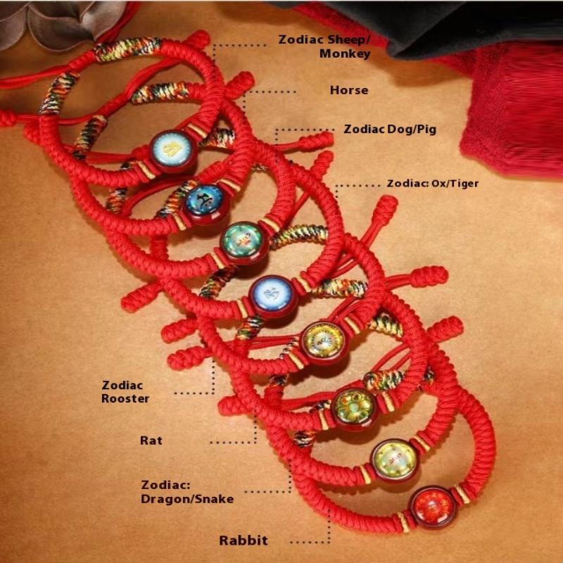 12 Zodiac Eight Patron God Of Wealth Benmingfo Patron Smulet Red Rope Hand-Woven Adjustable Hand Rope Bracelet