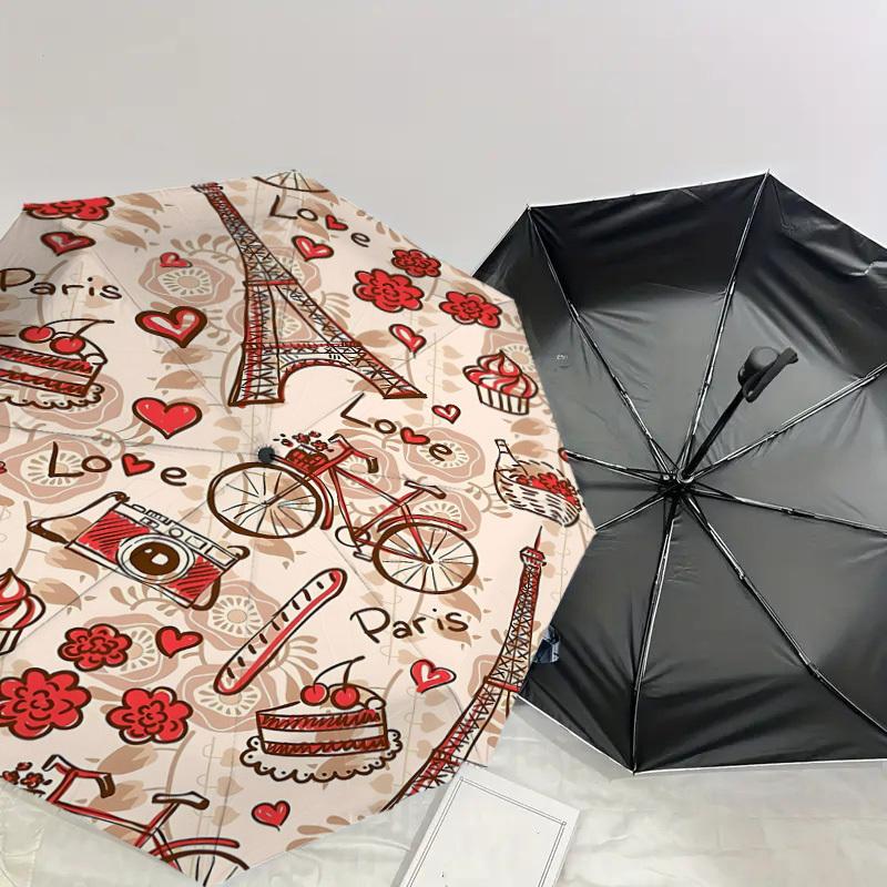 1pc Paris Love Automatic Open/Close Umbrella Compact Folding Umbrella with 8-Rib Shaft for Women/Men, Portable Travel Umbrella,1213S