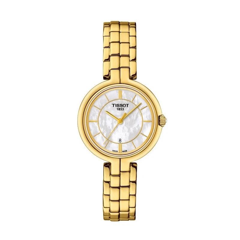 Tissot Women's Gold Flamingo Swiss Quartz Watch - 26Mm White Mother-Of-Pearl Dial, -Plated Steel, Model T094.210.33.111.00