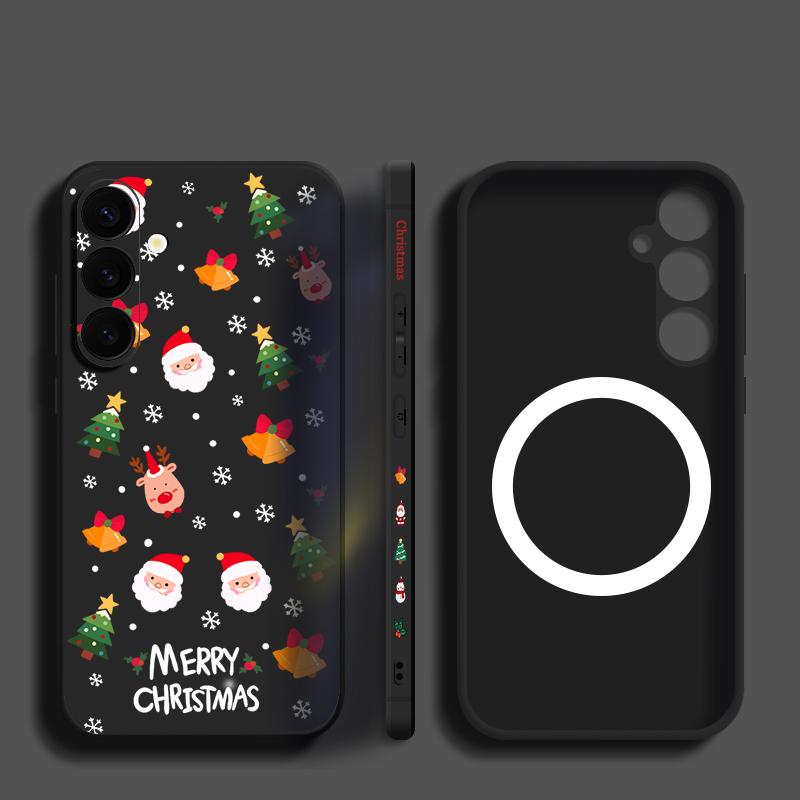 

Cute Merry Christmas Tree Elk Print Slim Magnetic Case For Samsung S24 S23 S22 S21 Ultra S20 FE Lanyard Shockproof Soft TPU for MagSafe Phone Cover Samsung S24 чёрный