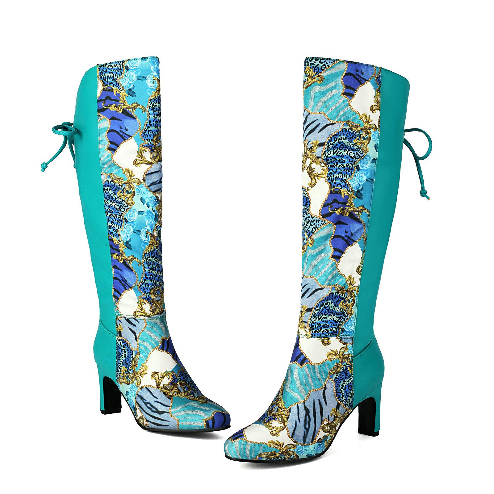 

Зимние высокие сапоги 2024 Женские облегающие сапоги до колена Принт Лоскутное шитье ПУ Смешанные цвета Каблуки 7,5 см Обувь 44 зелёный
