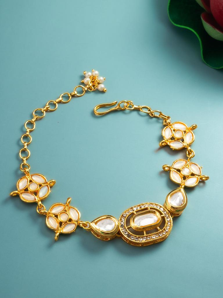 Gold-Plated White Stone-Studded & Beaded Handcrafted Bracelet