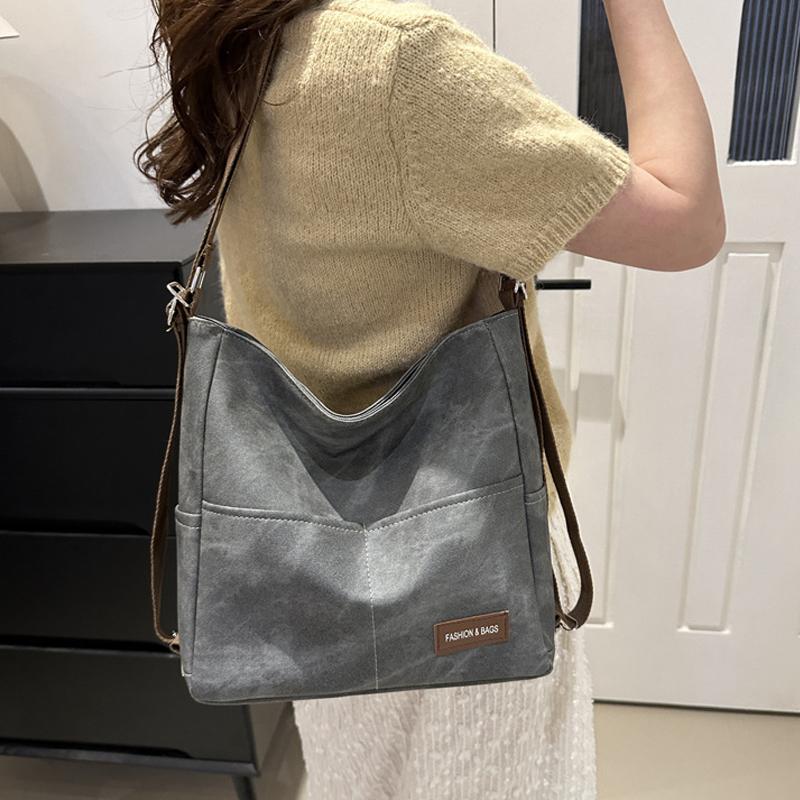Vintage Solid Color PU Leather Women Fashion Shoulder Sling Bag High-Capacity Simple Wide Strap Commuting Bucket Crossbody Bag