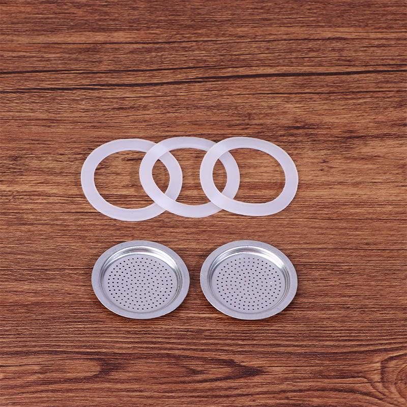 4Pcs/Set 3 Silicone Gaskets + Aluminum Filter Moka Pot Coffee Bottle Replacement Compatible With 1/2/3/6/9/12 Coffee Cup