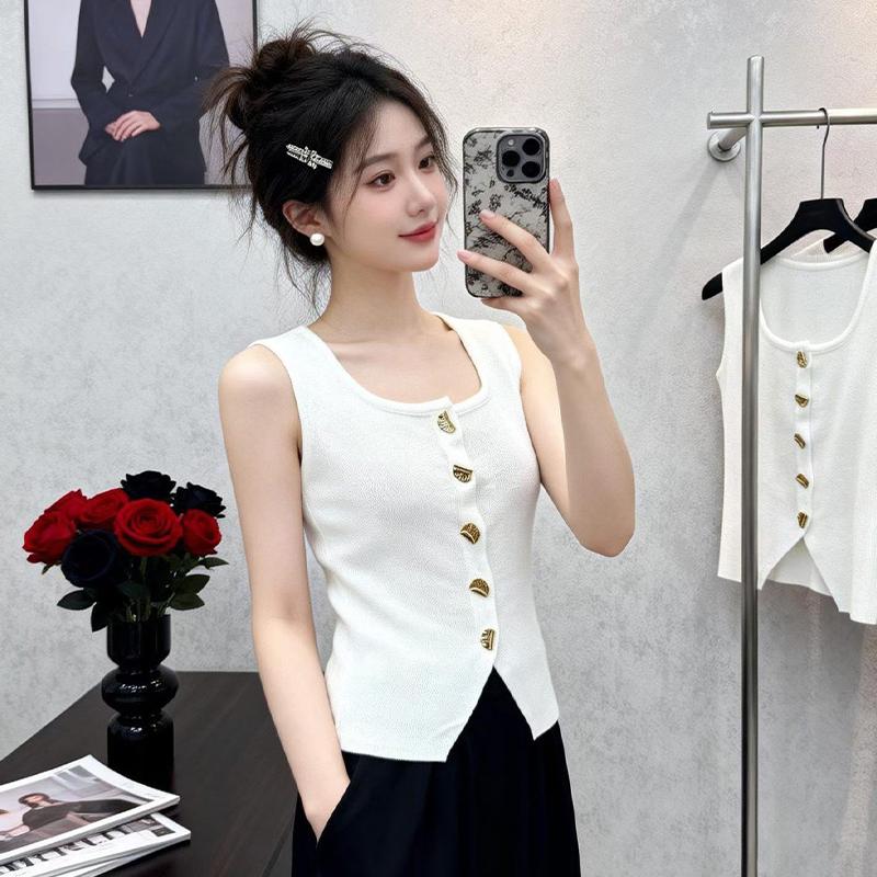 French Retro U-Neck Single-Breasted Sleeveless Slim Vest Solid Color Knitted Vest For Women