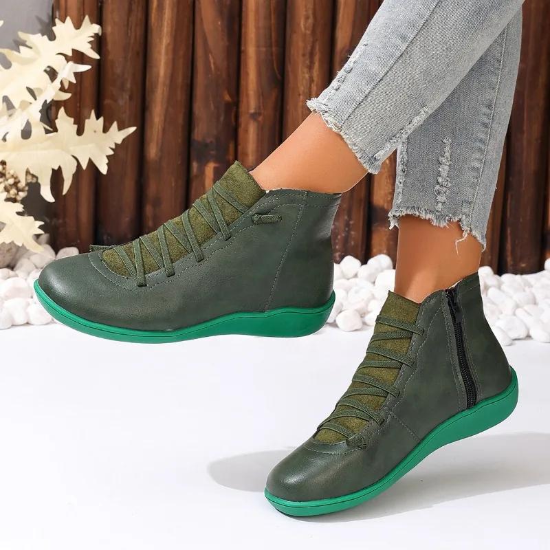 Fashion 2025 Women's Shoes Toe Side Zipper Shoe Lace Casual Low Heel Shoes Ankle Boots High Quality Luxury Designer Zapatos De Mujer