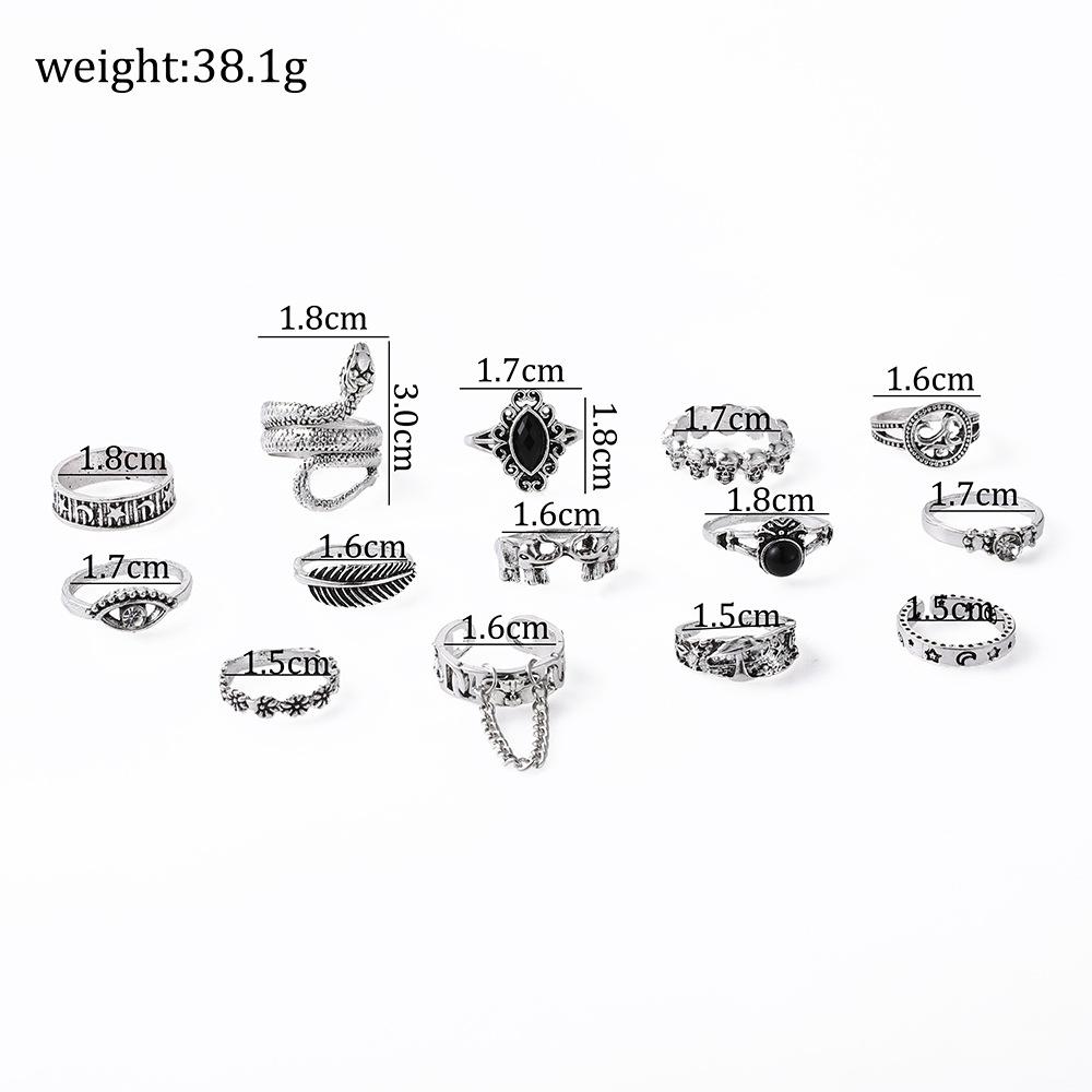 14-Piece Women's Ring Feather Flower Snake Hollow Ring Vintage Personality Accessories