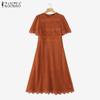ZANZEA Elegant Ladies Round Neck Short Sleeve Collect Waist Patchwork Lace Dress