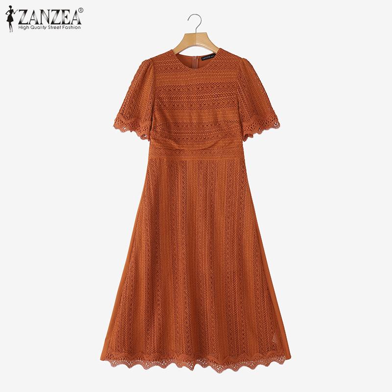 ZANZEA Elegant Ladies Round Neck Short Sleeve Collect Waist Patchwork Lace Dress