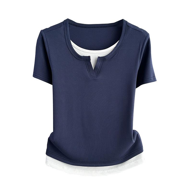 Plus Size Fake Two-Piece Color Block Short Sleeve T-Shirt Ribbed Slimming Top For Women Versatile Breathable Soft Material Flattering Slim Women Top