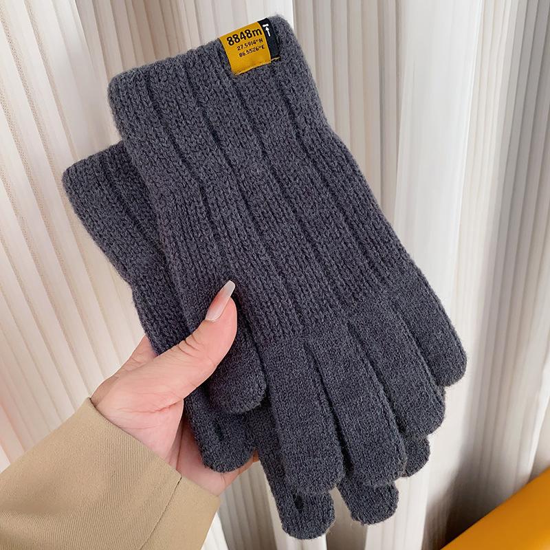 Warm Gloves for Men and Women In Autumn and Winter Solid Color Simple Versatile Woolen Knitted Brushed Thickened Five Finger Split