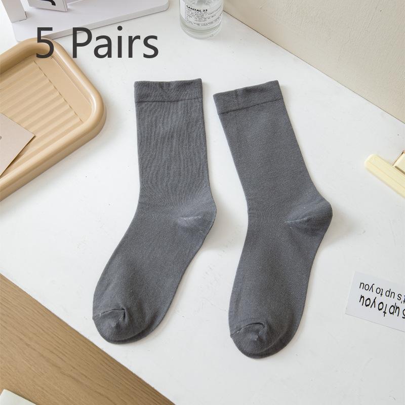 5 Pairs Socks Women's Mid-calf Socks Autumn and Winter Solid Colour Cotton Thickened White Thigh-high Stacked Socks Morandi Bone-less Monthly Socks