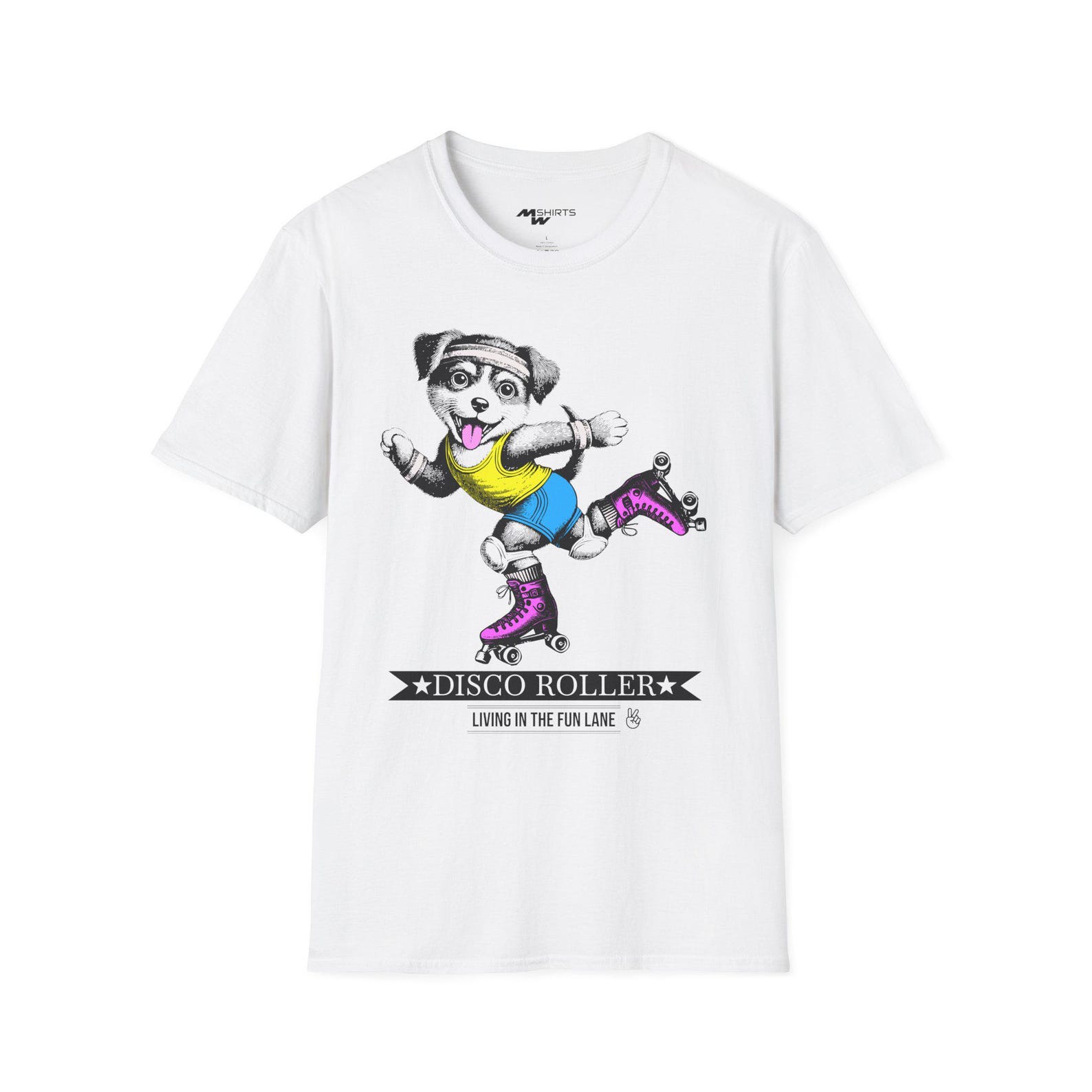 Disco Roller Dog T-Shirt: Fun Pet Graphic Tee L