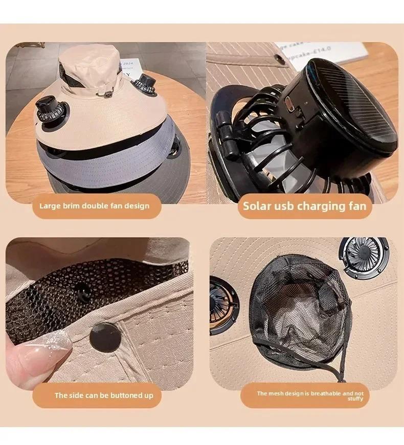 Wide Brim Solar Fan Hat Detachable Solar-Powered Fan UV Resistant Summer Outdoor Hiking Fishing Sun Hat Portable Chargeable Caps
