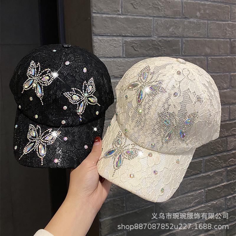 Lace rhinestone butterfly baseball cap children's summer outdoor shading breathable sun protection cap fashion duck tongue sun hat