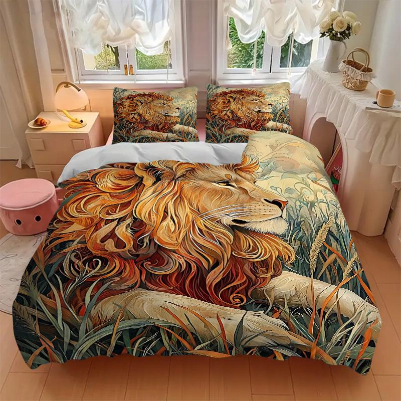 3pcs Bedding Set Lion Safari Includes 1 Comforter + 2 Pillowcases, Without Pillow Inserts, Soft Comfortable,a0909107