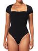 Women's Short Sleeve Bodysuits Double Lined Thong Body Suit Shirt Square Neck Going Out Tops Casual Tight Leotards